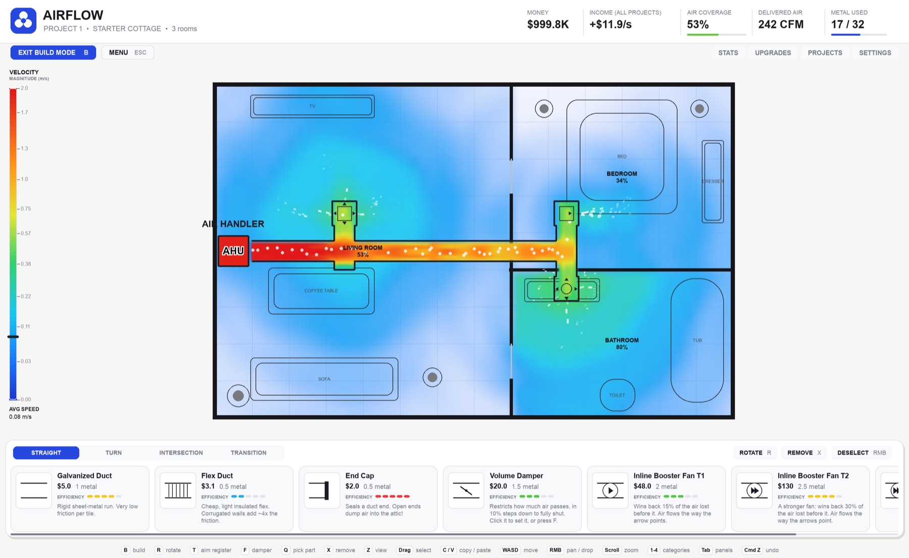 Airflow: a house floor plan with ducts running from the air handler and a heatmap of air speed in each room